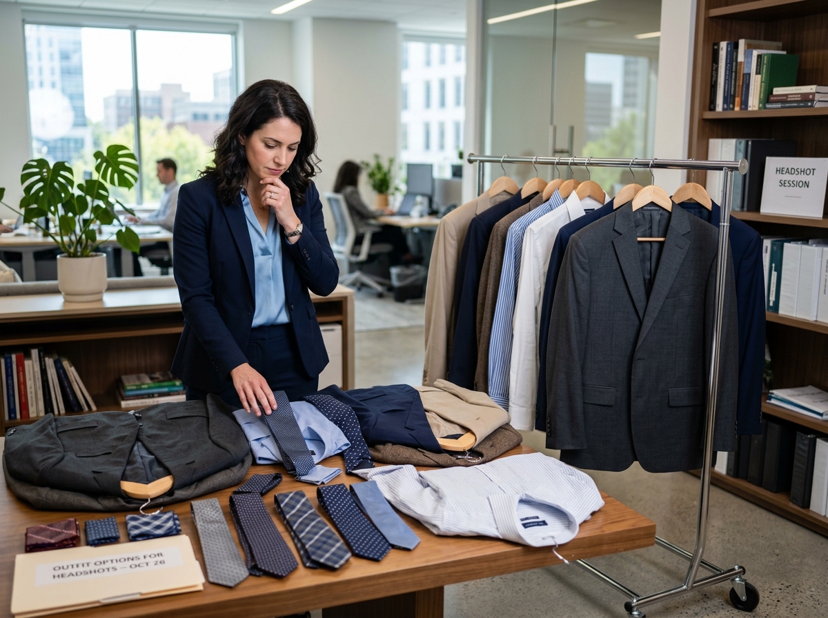 Professional reviewing outfit options for a headshot session - Natural business headshots
