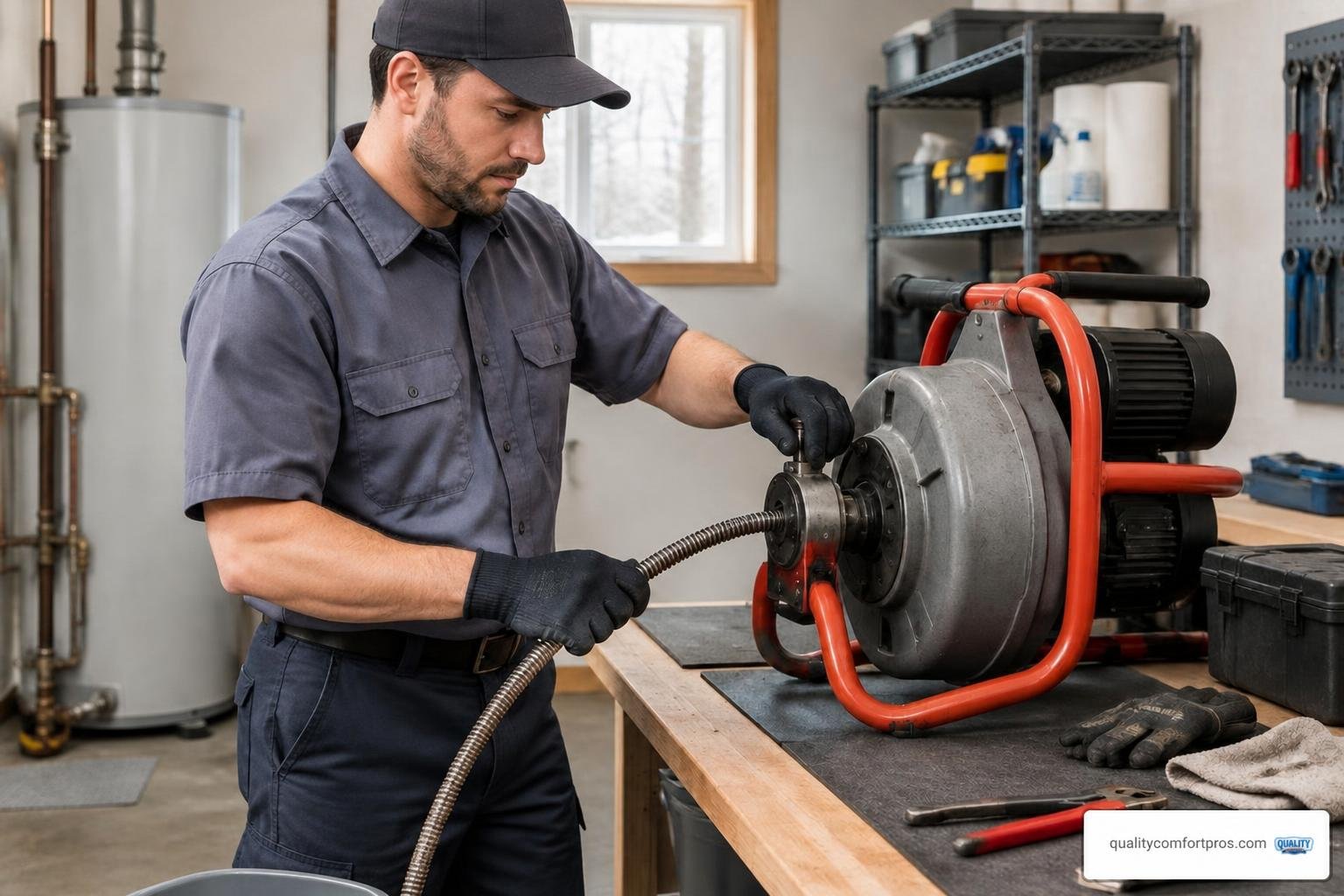 Professional drain-cleaning equipment prepared for a residential service visit Professional drain-cleaning equipment prepared for a residential service visit