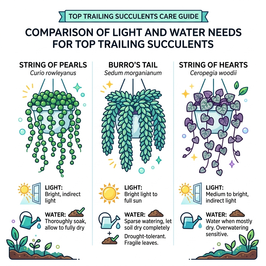 Comparison of light and water needs for top trailing succulents - trailing succulents indoor favorites infographic 