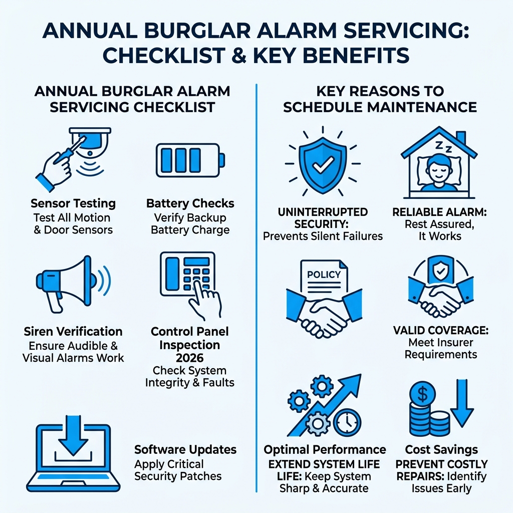 Infographic showing annual burglar alarm servicing checklist and key reasons to schedule maintenance - burglar alarm Infographic showing annual burglar alarm servicing checklist and key reasons to schedule maintenance - burglar alarm
