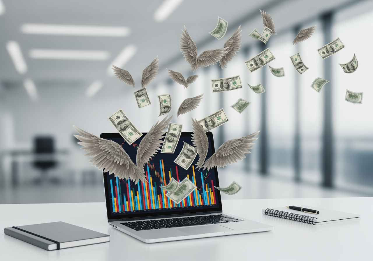 Laptop displaying financial graphs with flying money and wings, symbolizing wasted ad spend and the need for AdWords audit services to optimize PPC campaigns.