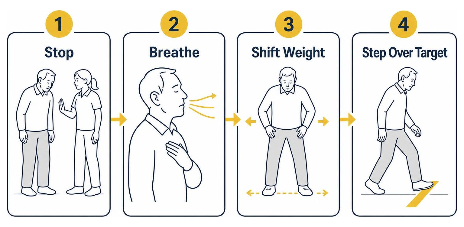 Freezing recovery sequence: Stop, Breathe, Shift Weight, Step Over Target