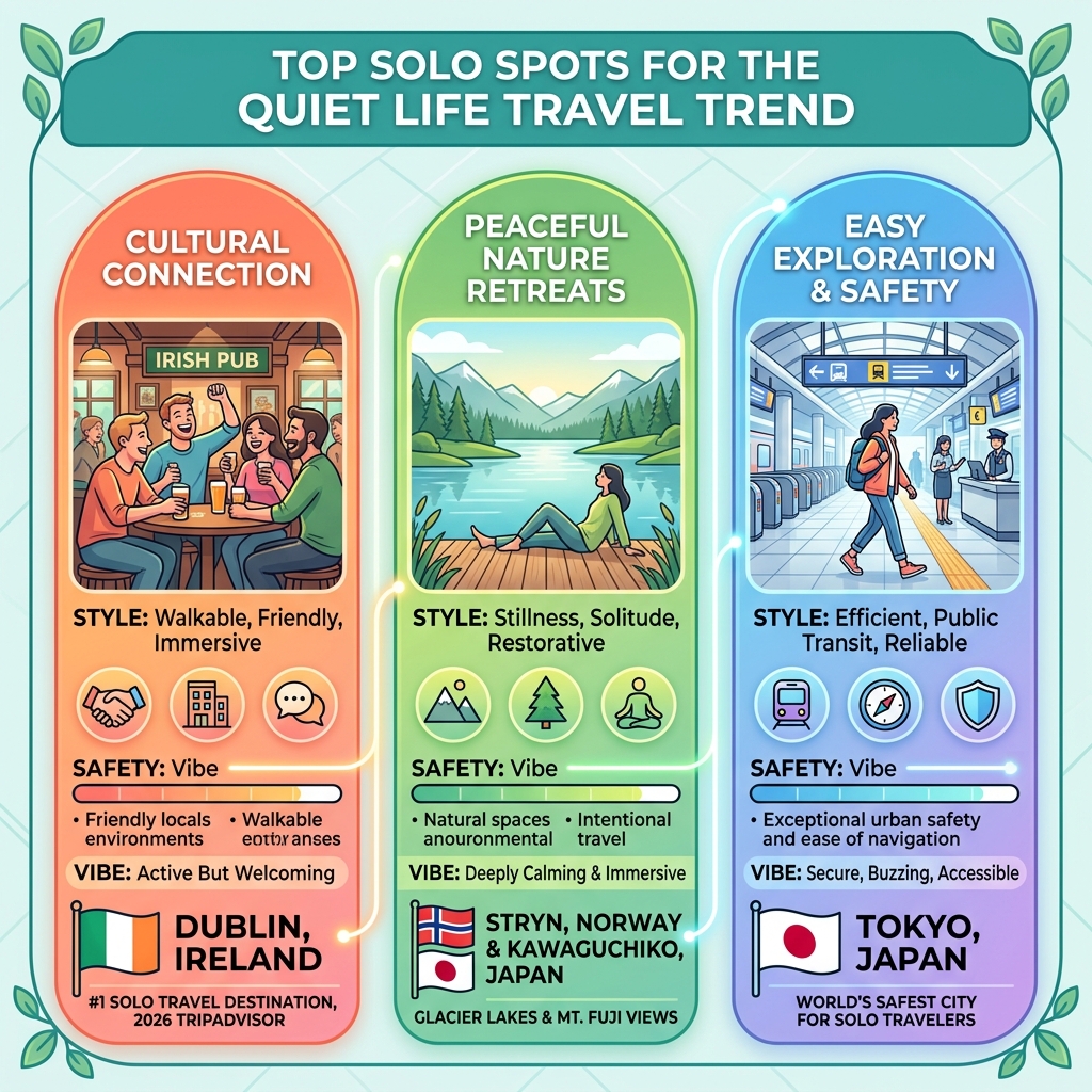 Infographic showing the Quiet Life Travel trend: top solo spots by travel style, safety, and vibe - top solo traveler spots