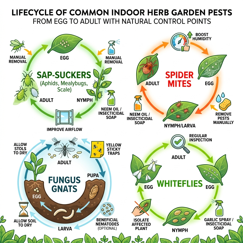 Lifecycle of common indoor herb garden pests from egg to adult with natural control points - indoor herb garden pests