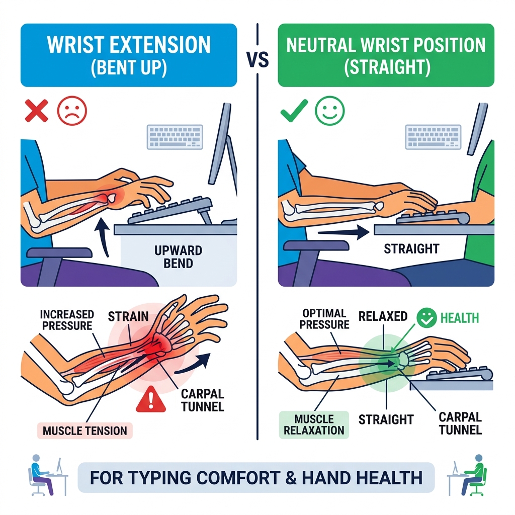 Infographic comparing wrist extension vs neutral wrist position during typing at desk - keyboard setup for comfort Infographic comparing wrist extension vs neutral wrist position during typing at desk - keyboard setup for comfort