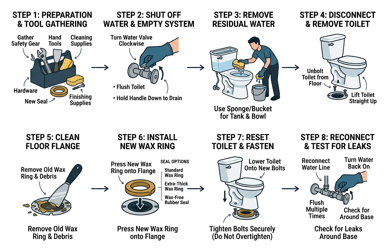 Process of changing a toilet wax ring from removal to testing