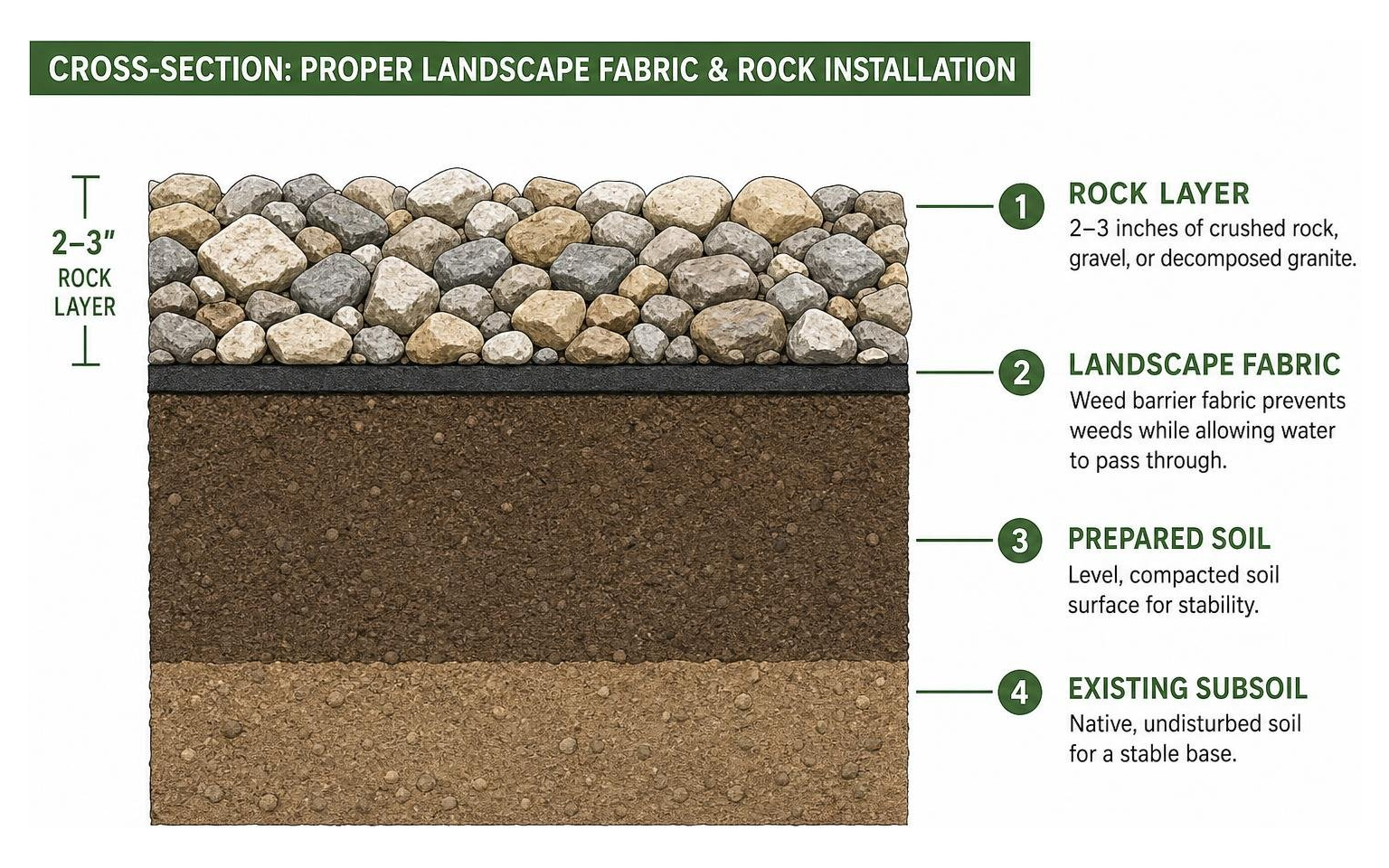 Cross-section diagram of proper landscape fabric and rock installation