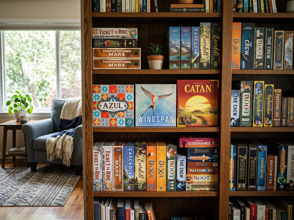 A diverse collection of modern board games on a shelf - recommended board games for adults A diverse collection of modern board games on a shelf - recommended board games for adults