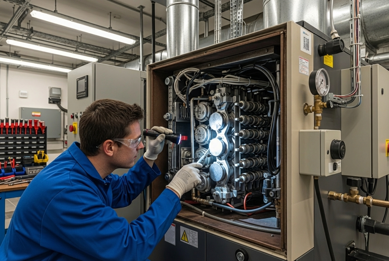 technician inspecting furnace components - furnace service Jacksonville FL technician inspecting furnace components - furnace service Jacksonville FL