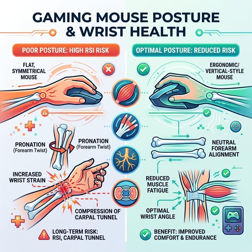Infographic showing how mouse posture affects wrist strain and RSI risk in gamers - best ergonomic mouse for gaming