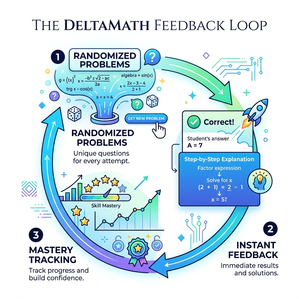 DeltaMath feedback loop infographic showing randomized problems, instant feedback, and mastery tracking - delta math