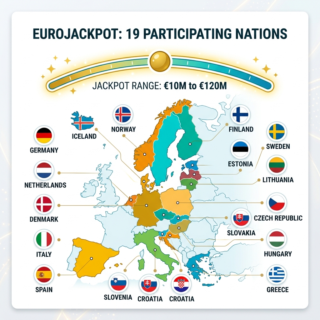 Infographic of 19 European nations participating in EuroJackpot with jackpot range €10M to €120M - euro jackpot results Infographic of 19 European nations participating in EuroJackpot with jackpot range €10M to €120M - euro jackpot results