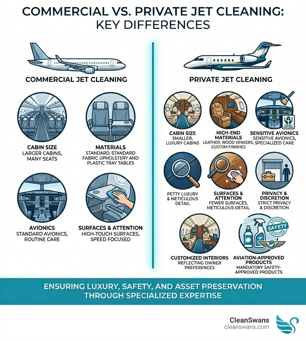 Infographic showing the key differences between commercial and private jet cleaning, including smaller cabin size, higher-end materials like leather and wood veneers, sensitive avionics requiring specialized care, fewer high-touch surfaces but more detailed attention needed, privacy and discretion requirements, customized interiors reflecting owner preferences, and aviation-approved products mandatory for safety - private jet cleaning infographic 