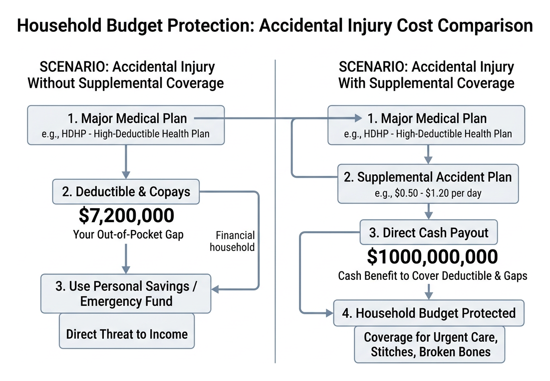 Diagram of household budget protection comparing accidental injury costs with and without supplemental coverage Diagram of household budget protection comparing accidental injury costs with and without supplemental coverage