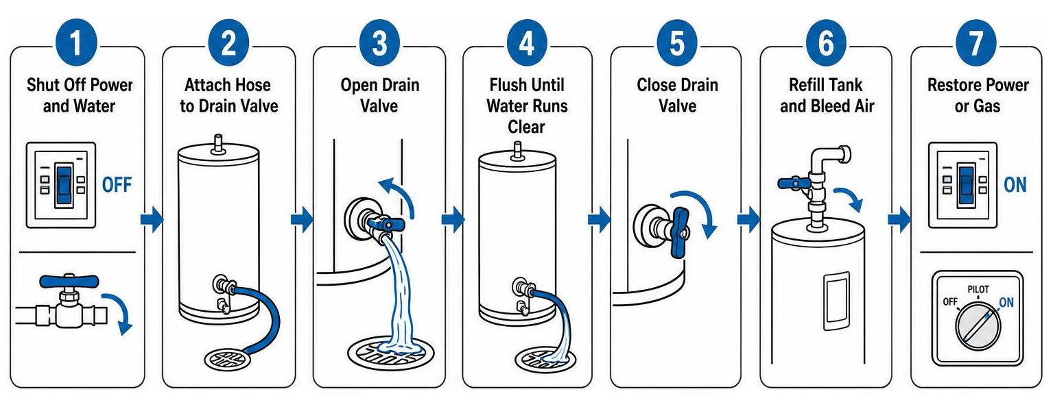 Step-by-step water heater maintenance sequence