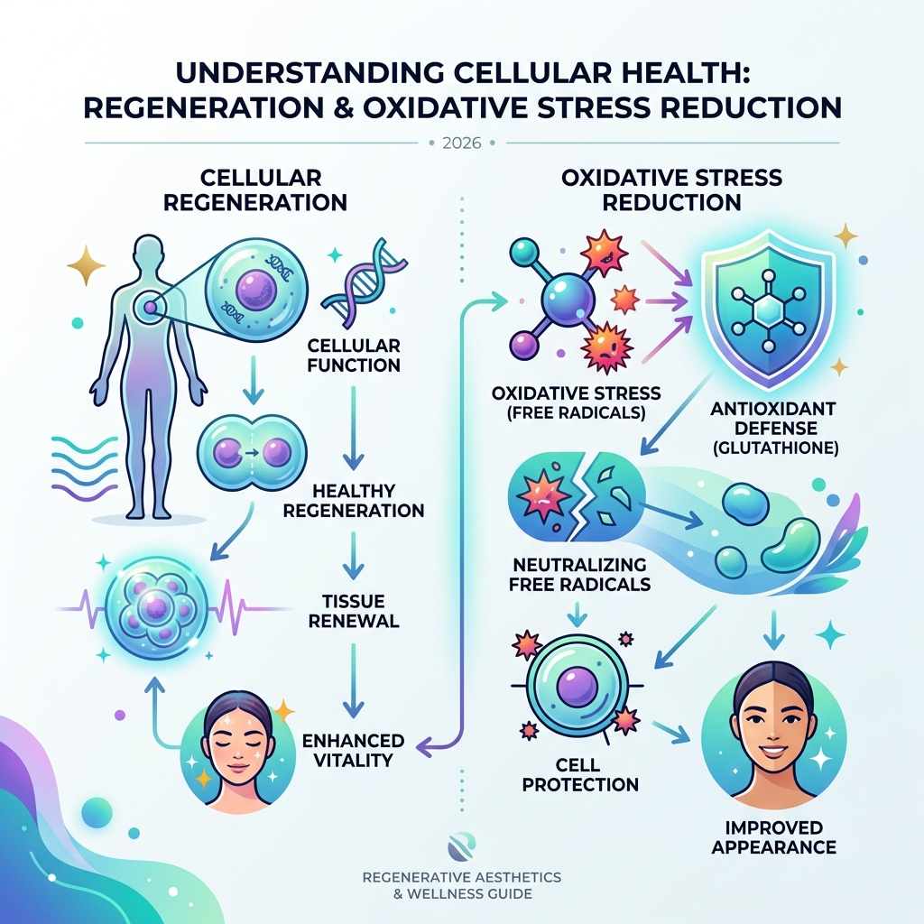 explaining the process of cellular regeneration and oxidative stress reduction - glutathione skin bleaching infographic