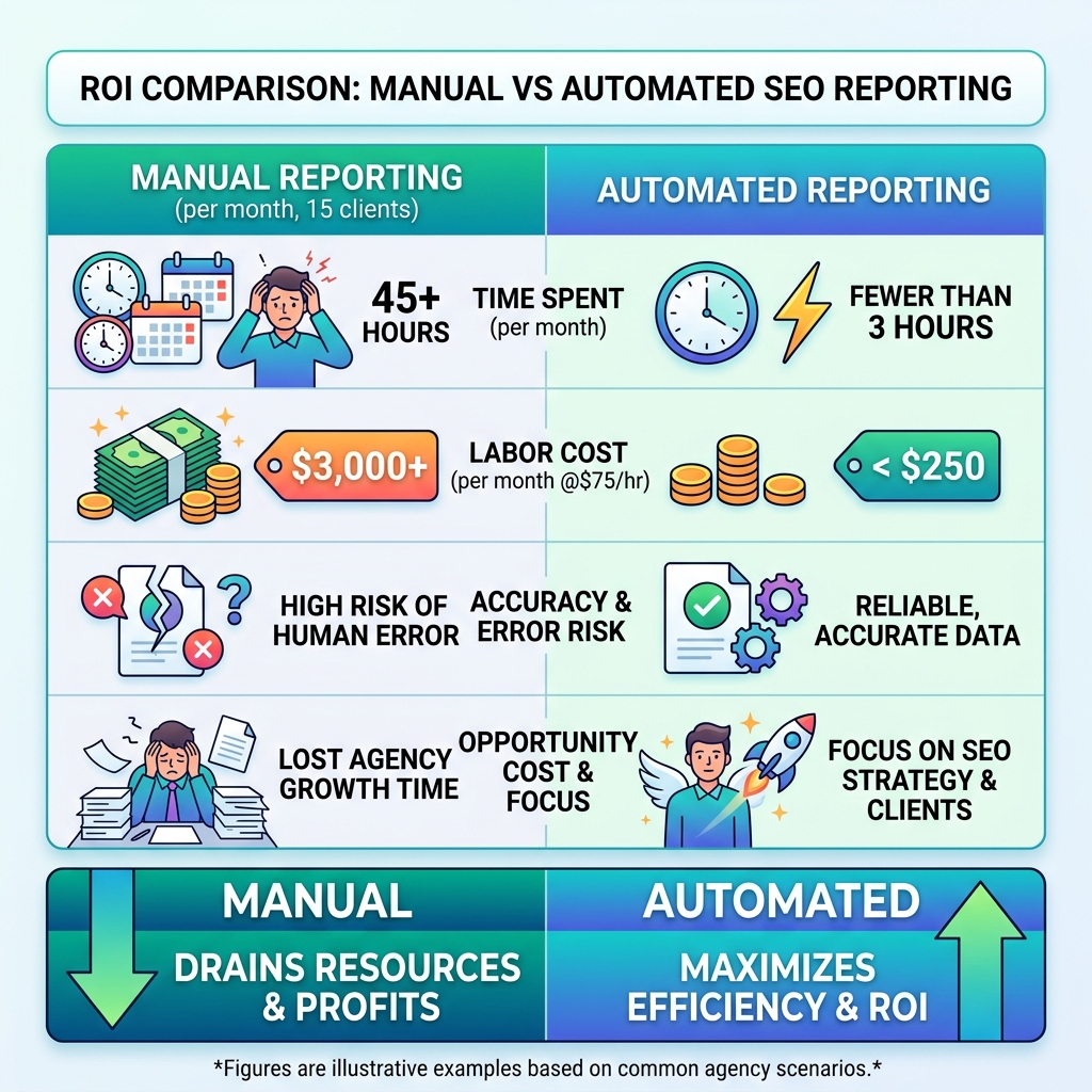 ROI comparison table: Manual vs Automated SEO Reporting - automate seo reporting infographic 