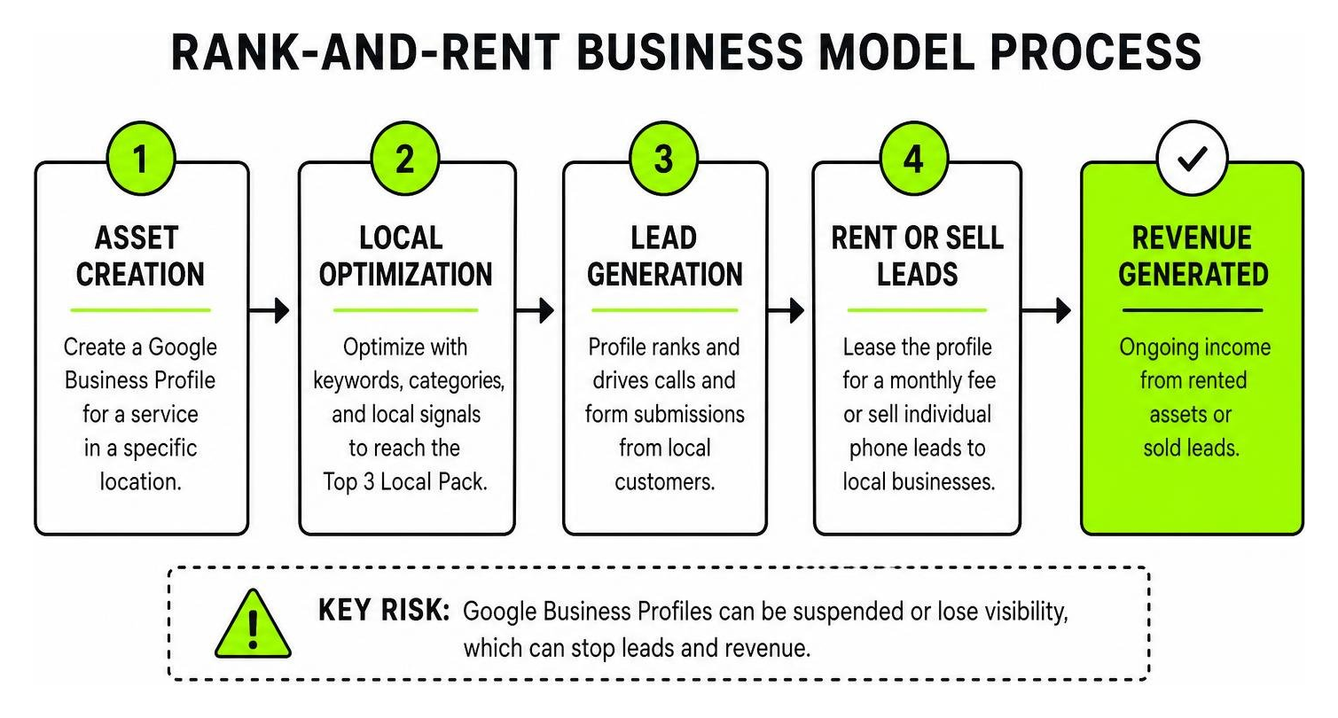 Rank-and-rent business model process diagram Rank-and-rent business model process diagram