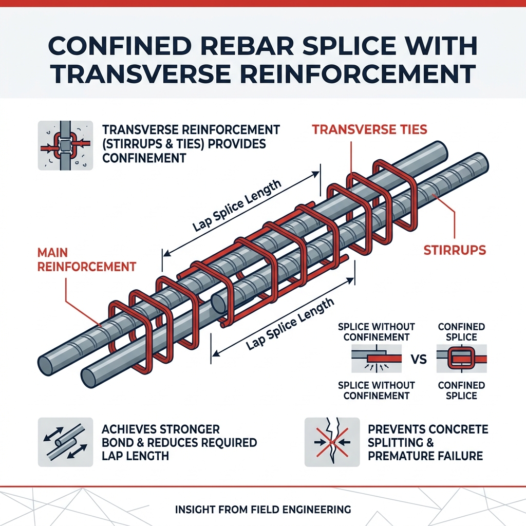 Infographic showing a confined rebar splice with transverse ties and stirrups - lap splice length for rebar chart Infographic showing a confined rebar splice with transverse ties and stirrups - lap splice length for rebar chart