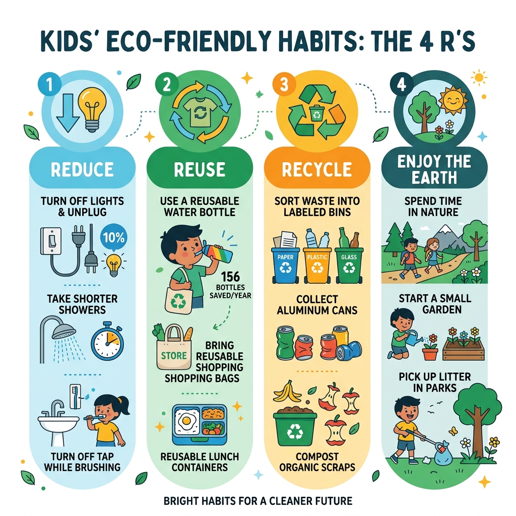 Infographic showing the 4 R's: Reduce, Reuse, Recycle, and Enjoy the Earth with kid-friendly examples - eco friendly habits Infographic showing the 4 R's: Reduce, Reuse, Recycle, and Enjoy the Earth with kid-friendly examples - eco friendly habits