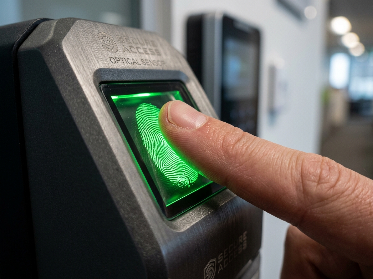 An optical sensor scanning a human finger to identify ridge patterns - fingerprint access control