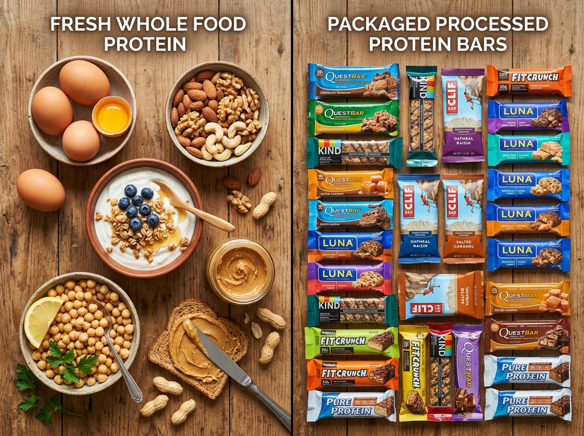 Fresh whole food ingredients like eggs, nuts, and yogurt vs packaged processed protein bars - best protein snacks to make at Fresh whole food ingredients like eggs, nuts, and yogurt vs packaged processed protein bars - best protein snacks to make at