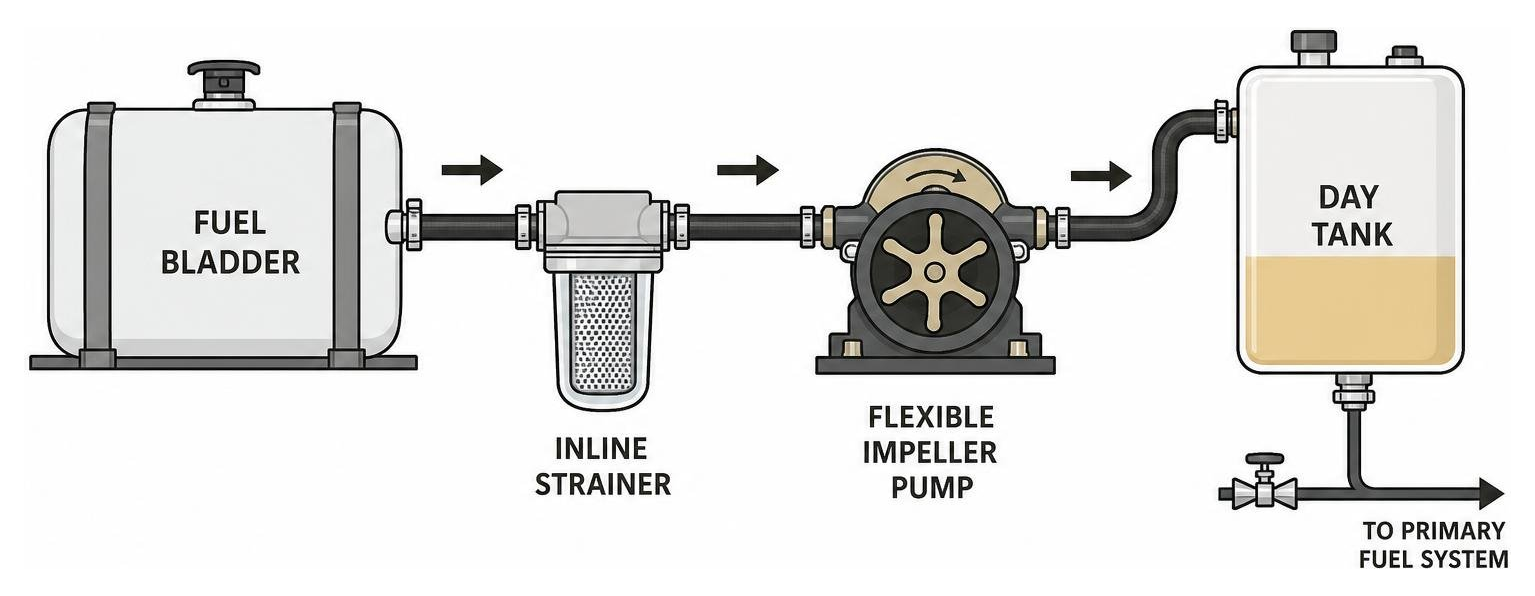Auxiliary fuel transfer system design: fuel bladder, inline strainer, flexible impeller pump, and day tank connections Auxiliary fuel transfer system design: fuel bladder, inline strainer, flexible impeller pump, and day tank connections
