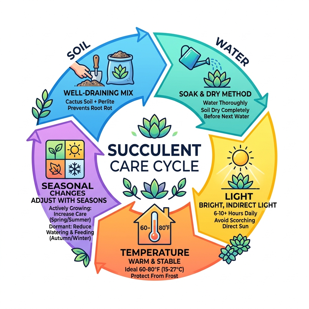 Succulent care cycle infographic: soil, water, light, temperature, and seasonal changes - succulent growing tips infographic 