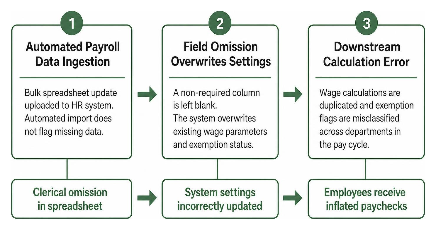 Automated payroll data ingestion, field omission, and downstream calculation error Automated payroll data ingestion, field omission, and downstream calculation error