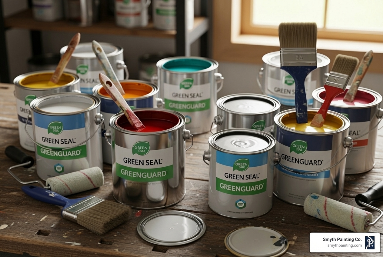 Paint cans with Green Seal and GREENGUARD labels - Eco-friendly paint options Paint cans with Green Seal and GREENGUARD labels - Eco-friendly paint options