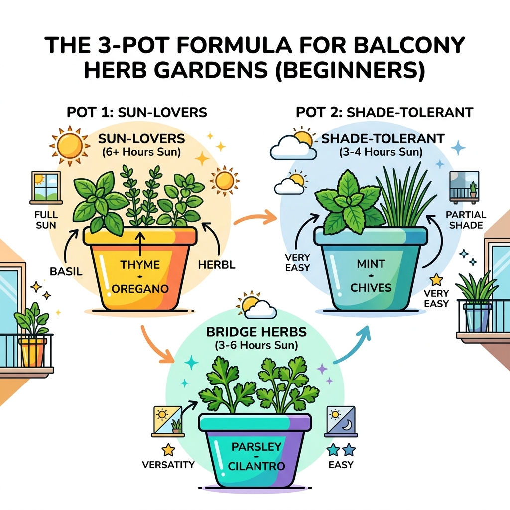 Infographic showing the 3-pot formula for balcony herb garden beginners with sun-lovers, shade-tolerant, and bridge herbs