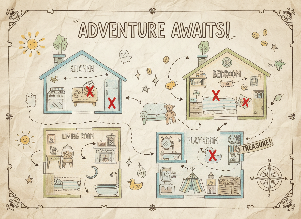 Hand-drawn treasure map for an indoor scavenger hunt - indoor hunt for siblings