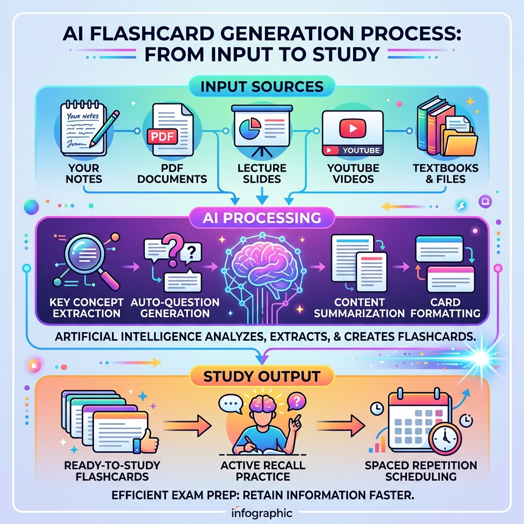 AI flashcard generation process infographic showing input sources, AI processing, and study output - ai flashcards exam prep