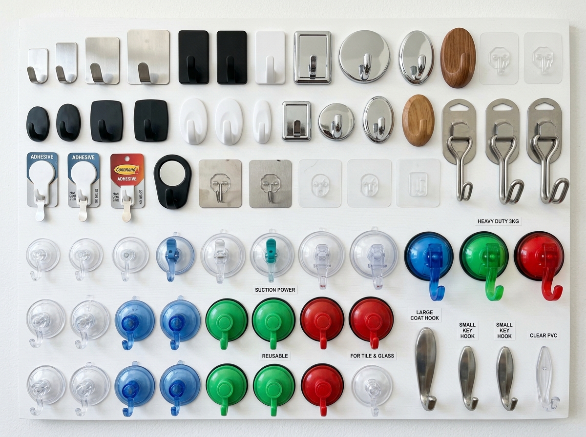 Various styles of adhesive and suction hooks for home organization - no drilling hook