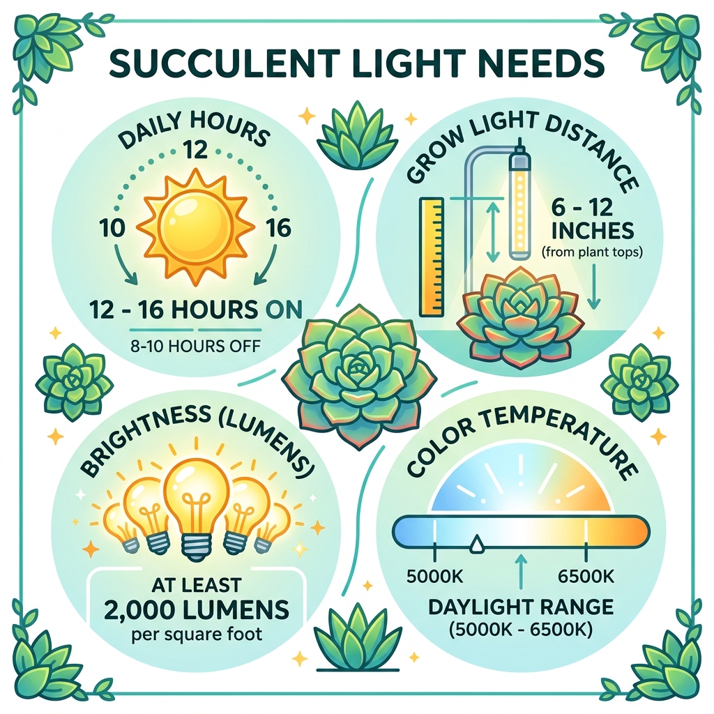 infographic showing succulent light needs: hours, distance, lumens, and color temperature - grow lights for succulents