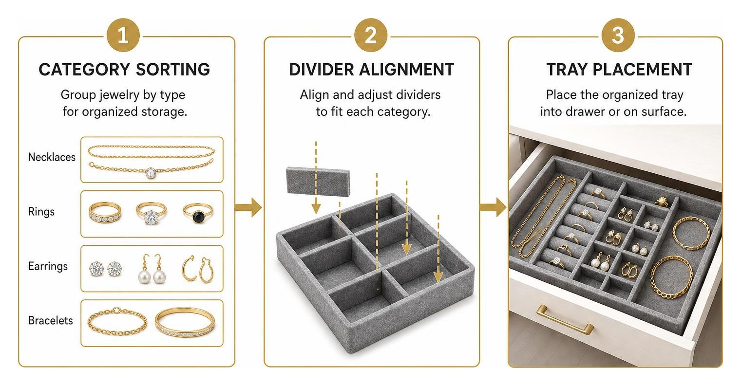 Jewelry organization workflow showing category sorting, divider alignment, and tray placement Jewelry organization workflow showing category sorting, divider alignment, and tray placement
