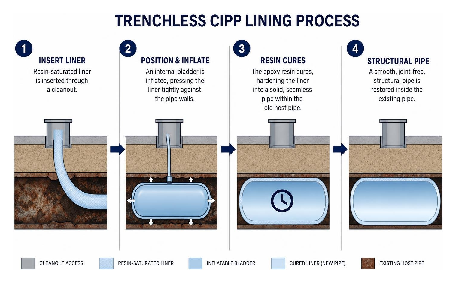 Trenchless cured-in-place pipe lining process showing resin curing inside old host pipe Trenchless cured-in-place pipe lining process showing resin curing inside old host pipe