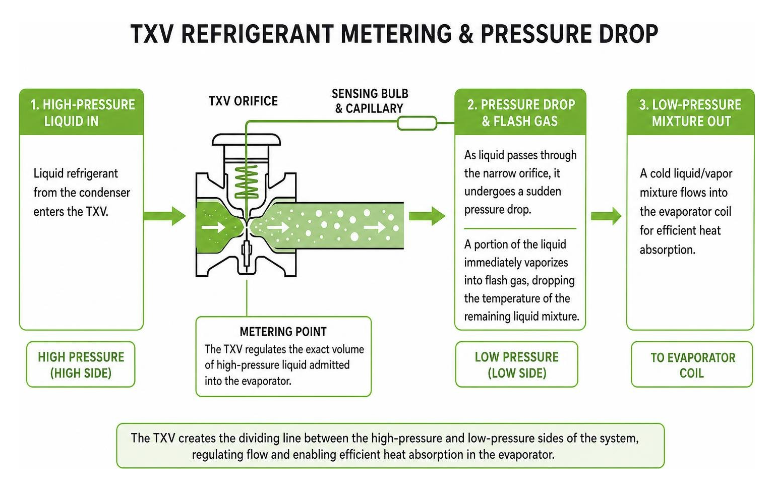 TXV refrigerant metering and pressure drop TXV refrigerant metering and pressure drop