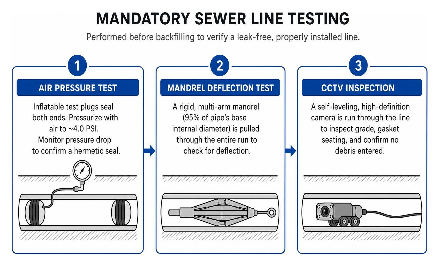 Testing methods including air pressure, mandrel deflection, and CCTV inspection Testing methods including air pressure, mandrel deflection, and CCTV inspection