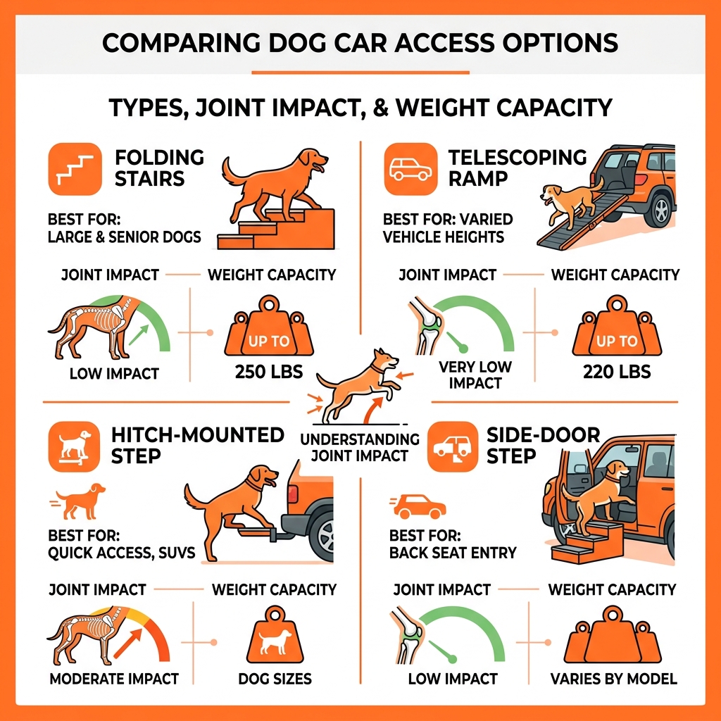 Types of dog car steps compared with joint impact and weight capacity info - car step ladder for dogs infographic Types of dog car steps compared with joint impact and weight capacity info - car step ladder for dogs infographic