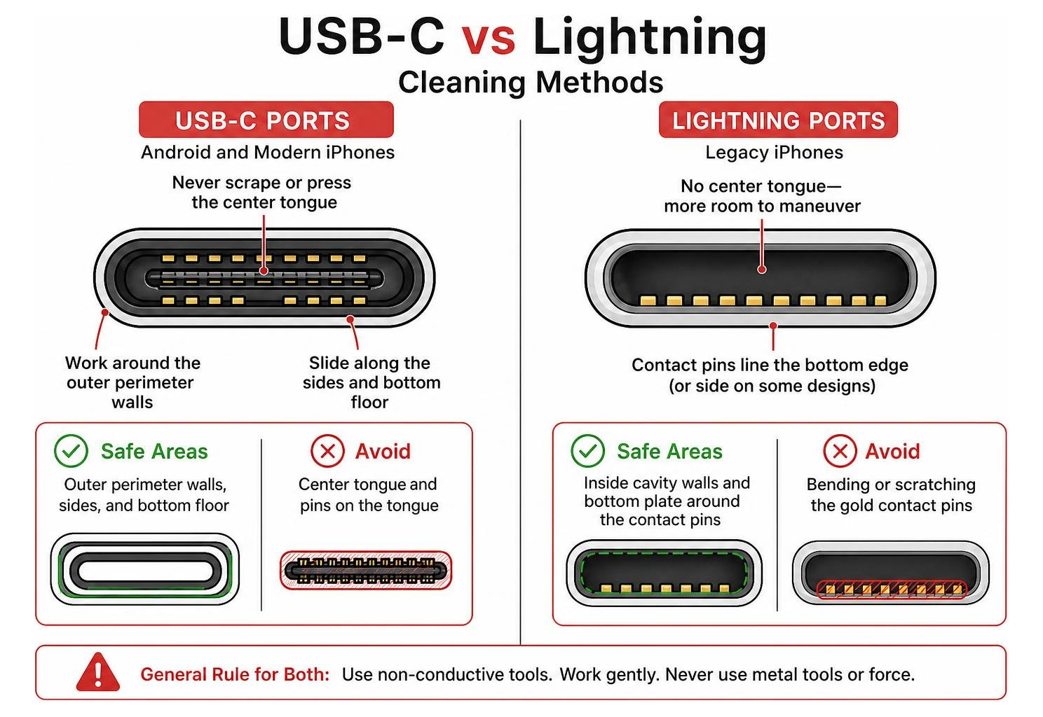 USB-C vs Lightning cleaning methods diagram