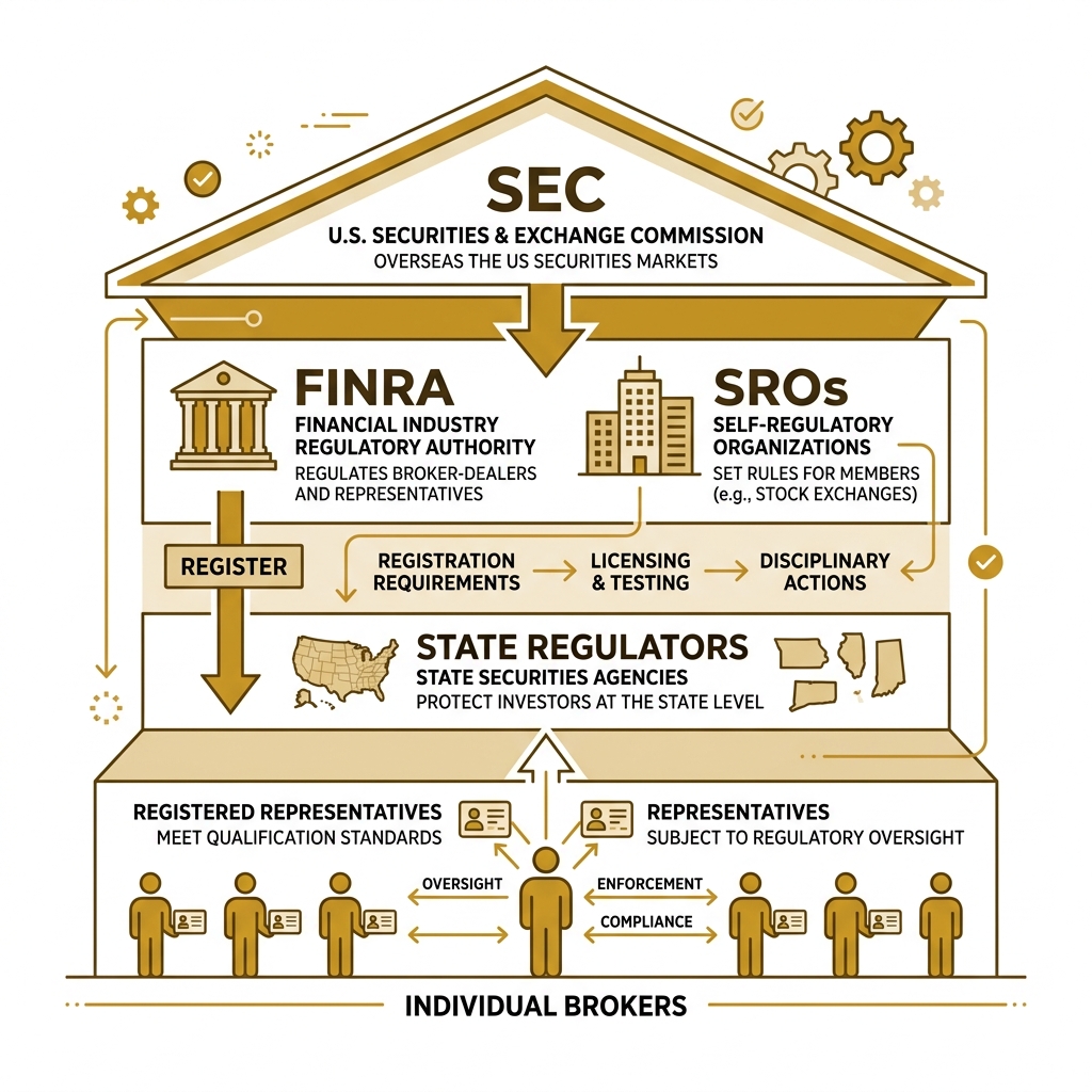 Hierarchy of securities regulators: SEC, FINRA, SROs, State Regulators, and individual brokers - stock broker registration