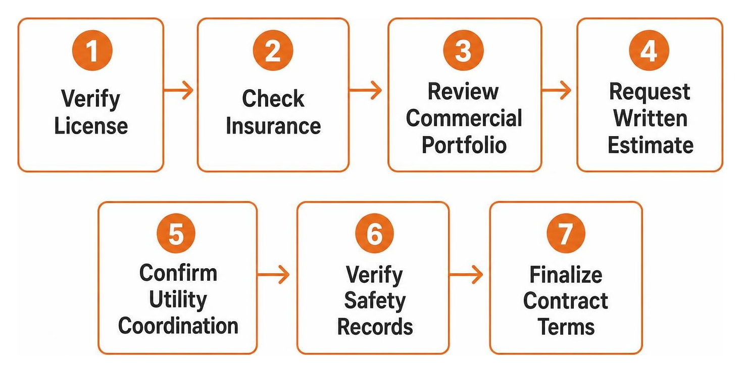 Step-by-step contractor vetting process: verify license, check insurance, review commercial portfolio, request written