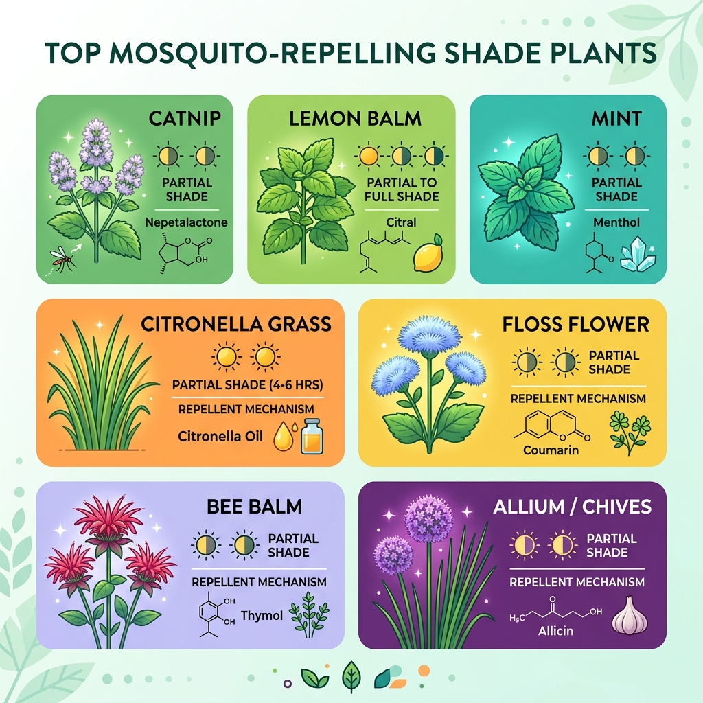 infographic showing top mosquito repelling shade plants with light requirements and repellent mechanisms - mosquito