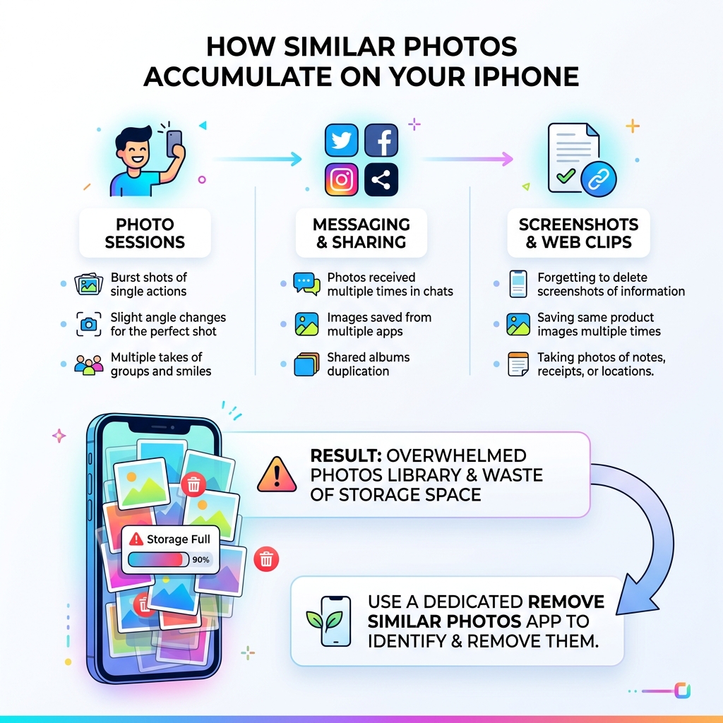 how duplicate photos accumulate on iPhone over time infographic - remove similar photos app infographic 