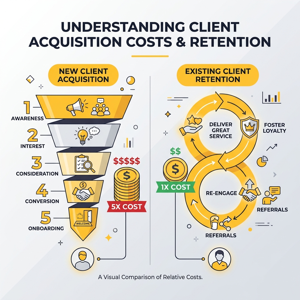 5-step acquisition funnel showing 5x cost difference between new customer acquisition and retention - acquisition of new
