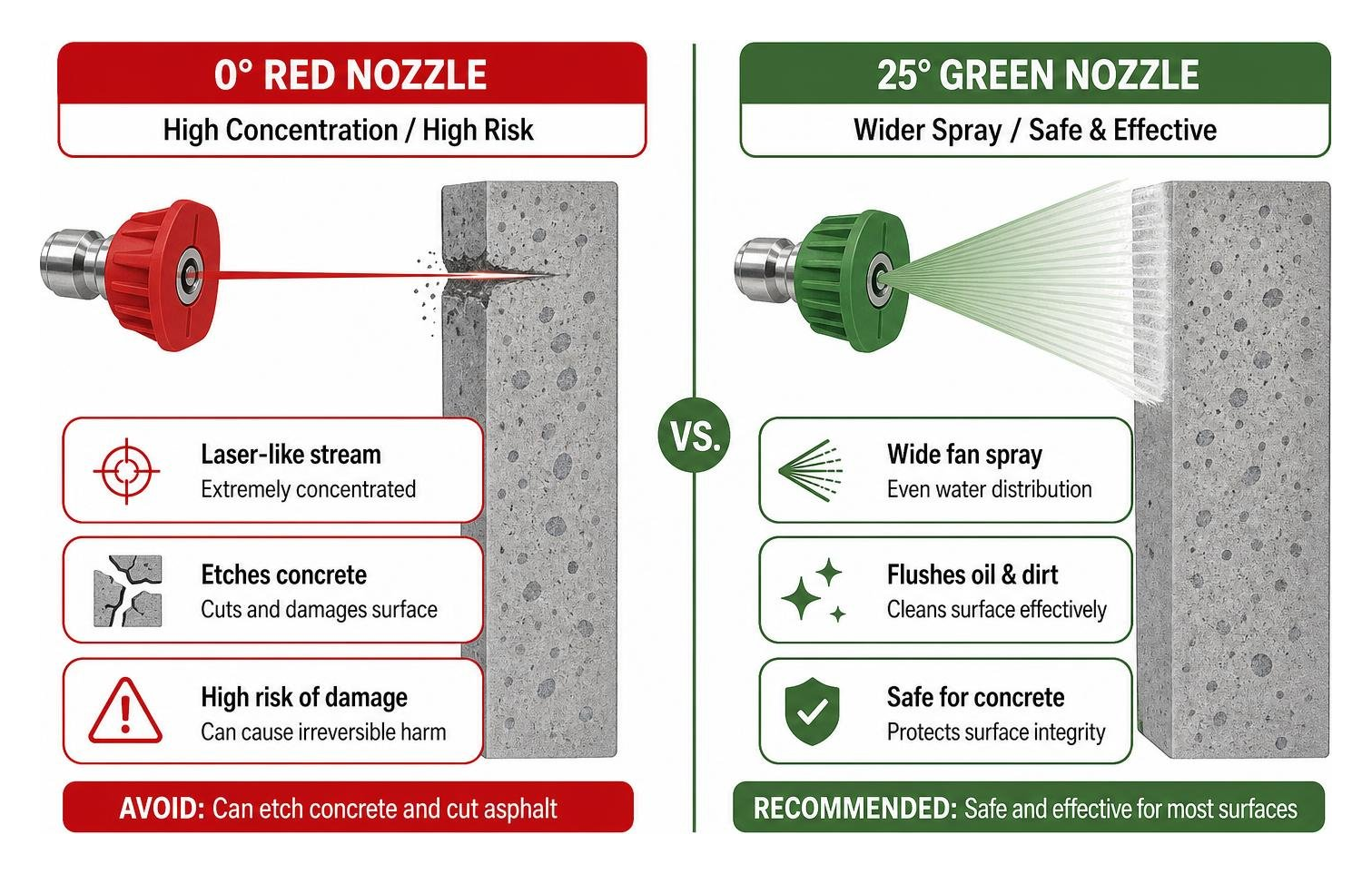 diagram comparing the impact of a 0-degree red nozzle versus a 25-degree green nozzle on concrete