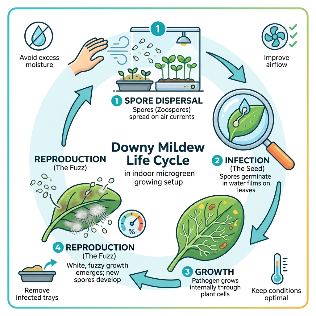 downy mildew life cycle stages in an indoor microgreen growing setup infographic - microgreens downy mildew cure infographic downy mildew life cycle stages in an indoor microgreen growing setup infographic - microgreens downy mildew cure infographic
