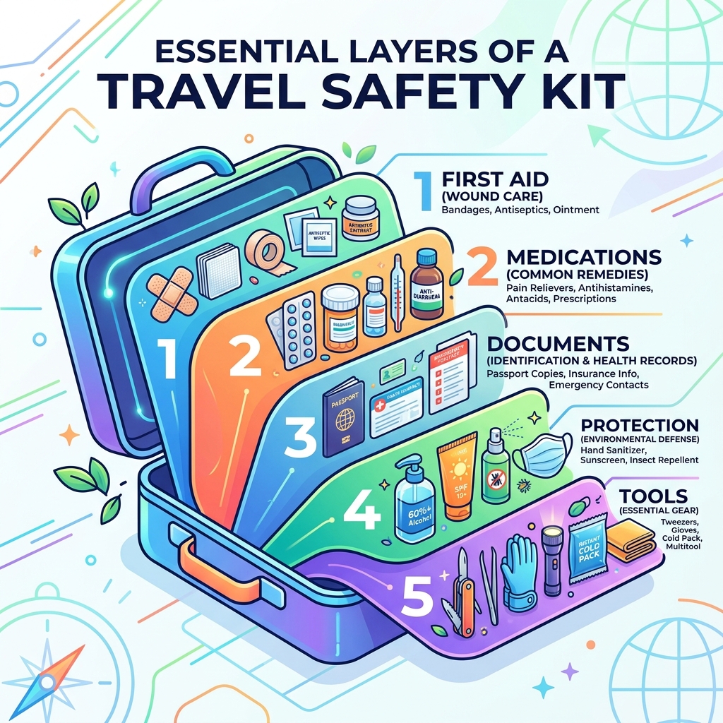 Essential layers of a travel safety kit: first aid, medications, documents, protection, tools - travel safety kit