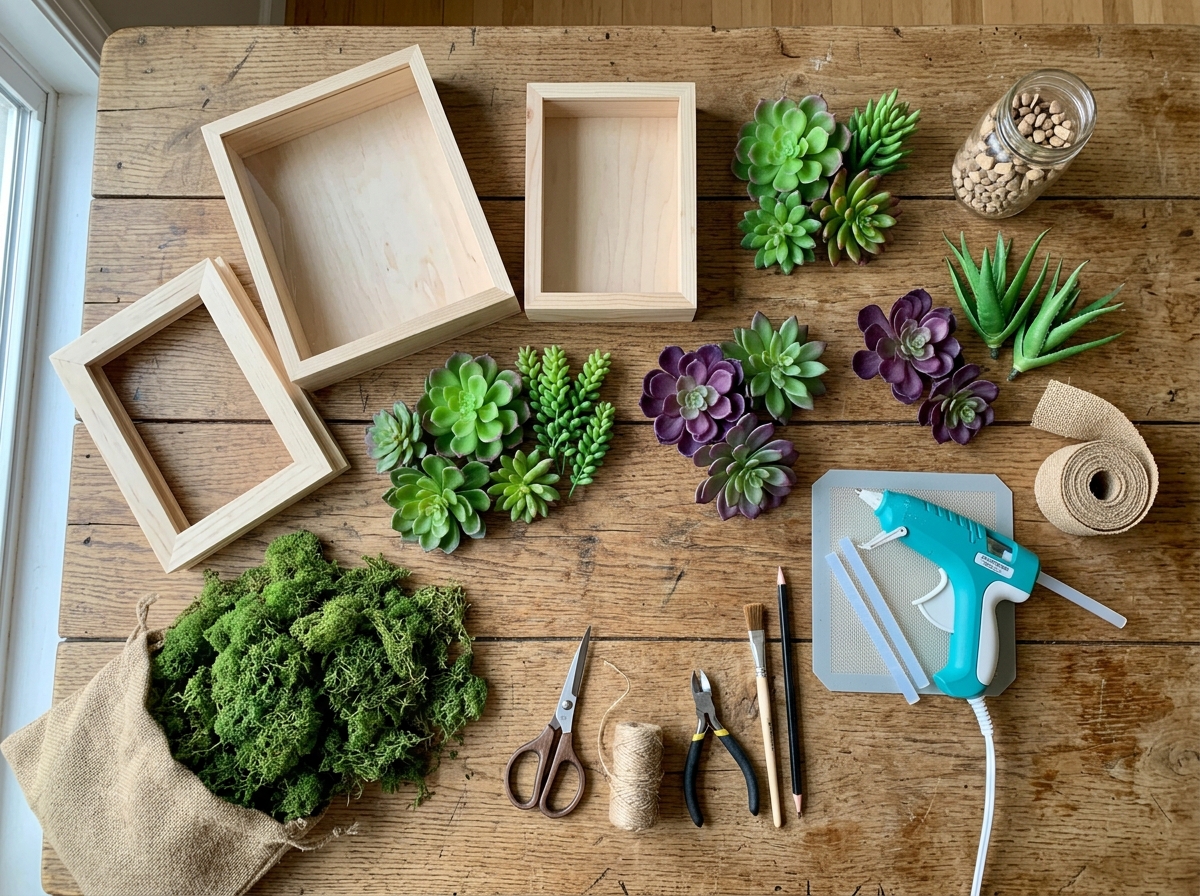 DIY succulent crafting supplies including frames, moss, and glue guns - faux succulent wall arrangements